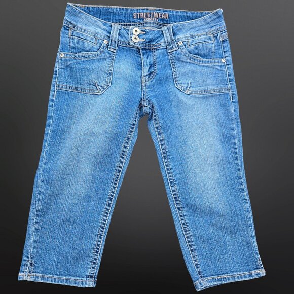 Y2K Capri Jeans Size S US 5 Low Rise Stretch Fitted Cropped Mcbling 2000s - Picture 1 of 5